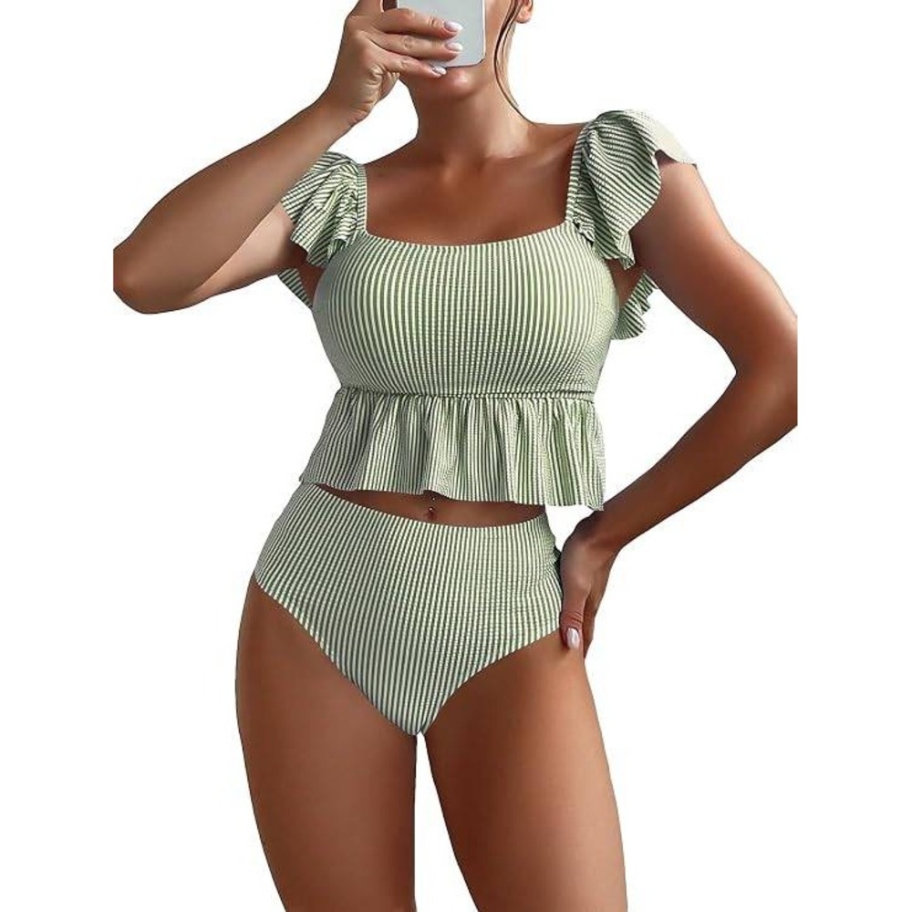 Green White Striped Peplum Ruffle Two Piece Swimsuit High Waisted Bikini Set M